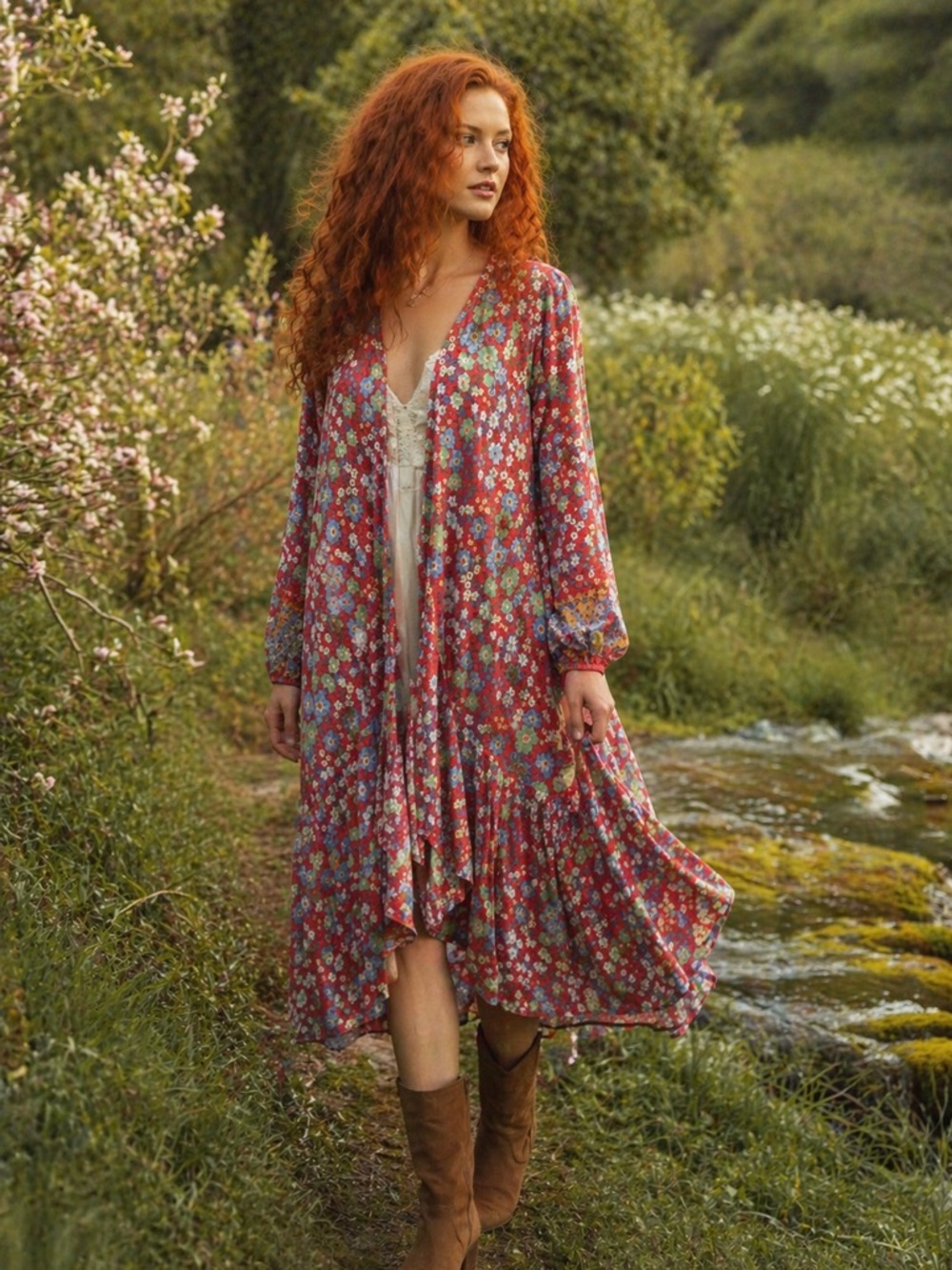 Poème Floral Boho Kimono Duster| Red Multi | Size S Cottagecore